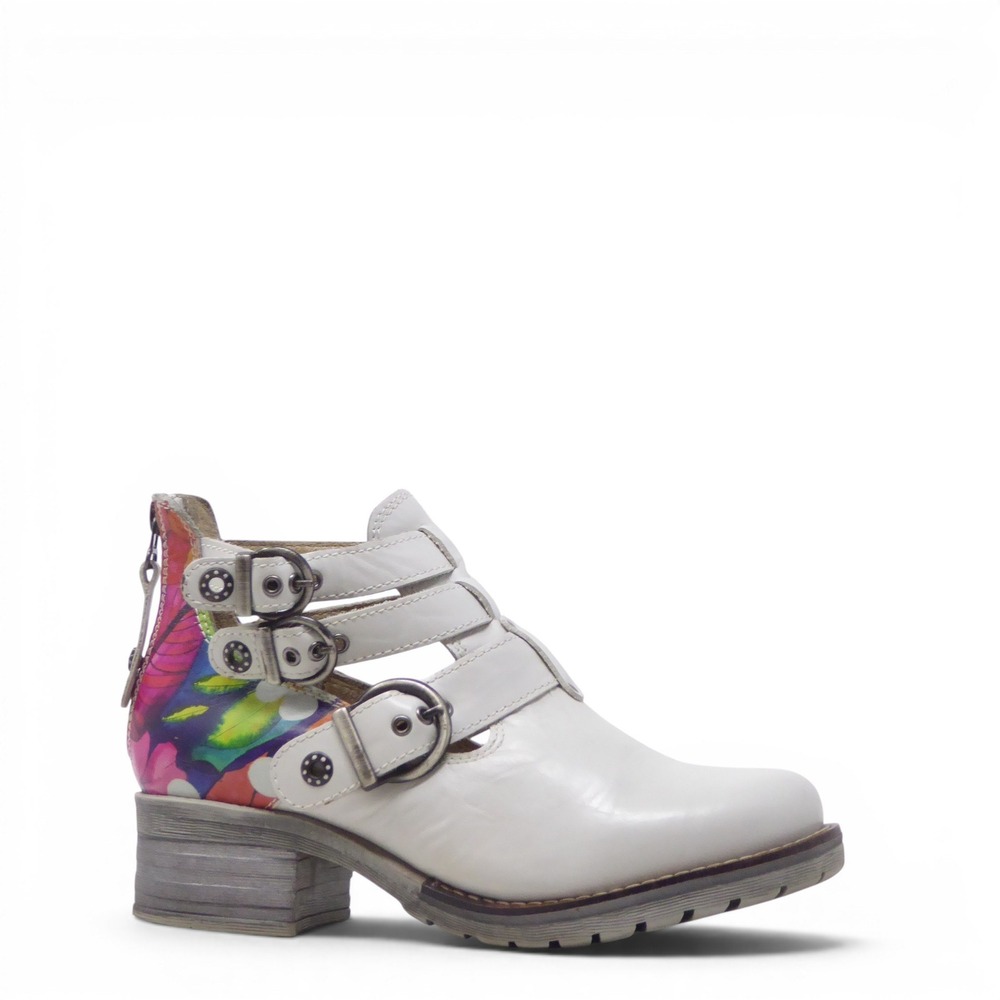 Dromedaris Kelsy Womens Booties White Floral Butterfly Buckle Cutout 37 / 6.5
